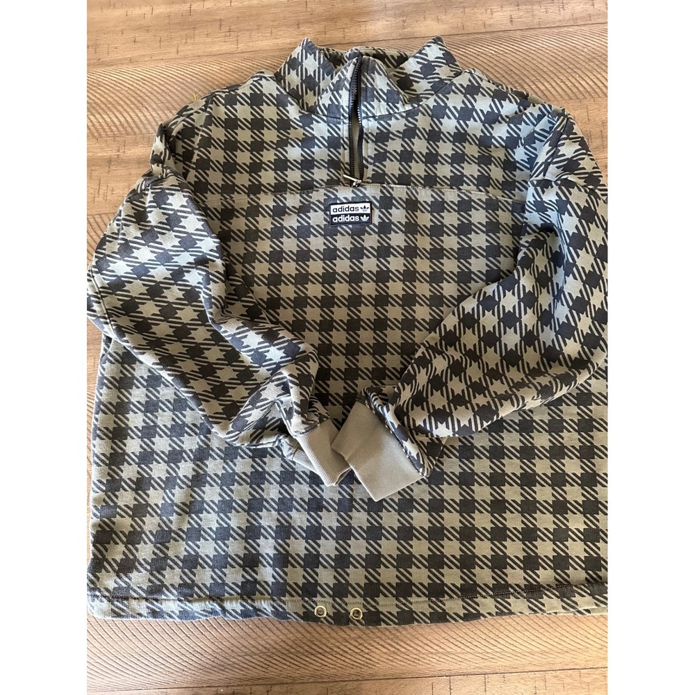 adidas Originals Vocal Houndstooth 1/4 Zip Pullover Sweatshirt - Olive/Blk Small